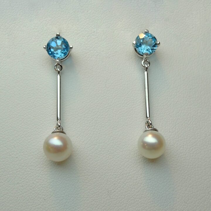 Blue Topaz, Pearl Dangle Earrings