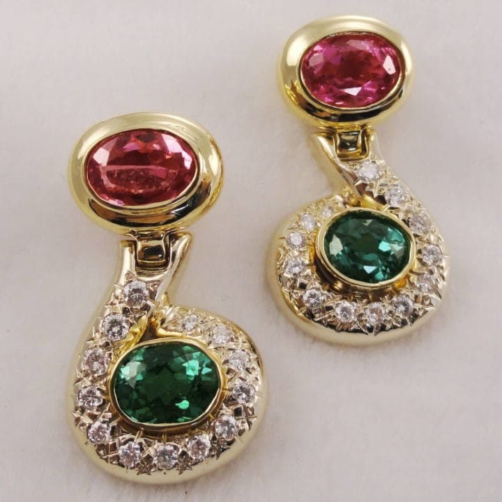 Dramatic Pink and Green Tourmaline Dangle Earrings. (E749)