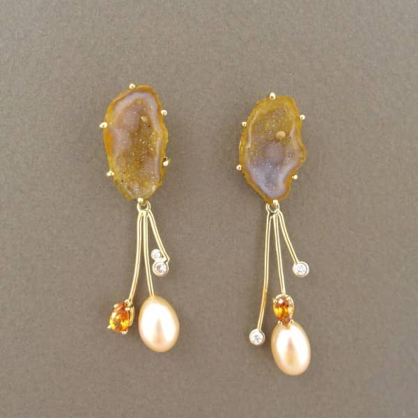 Agate, Orange Garnet, Cultured Pearl and Diamond Earrings