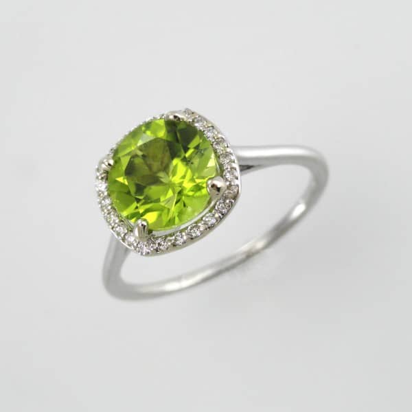 Lovely Lime Green Peridot, White Gold Diamond Halo Ring