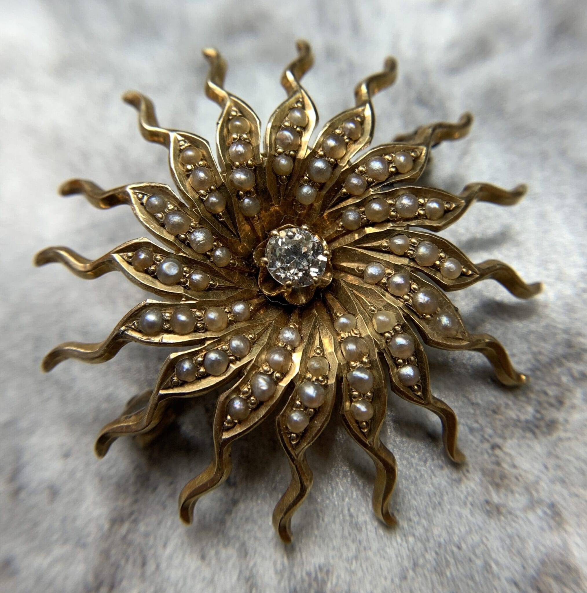 Antique 14k Diamond and Pearl Sunburst Brooch Pin (A2569) - Summit Jewelers, 7821 Big Bend Blvd., Webster Groves, MO, 63119